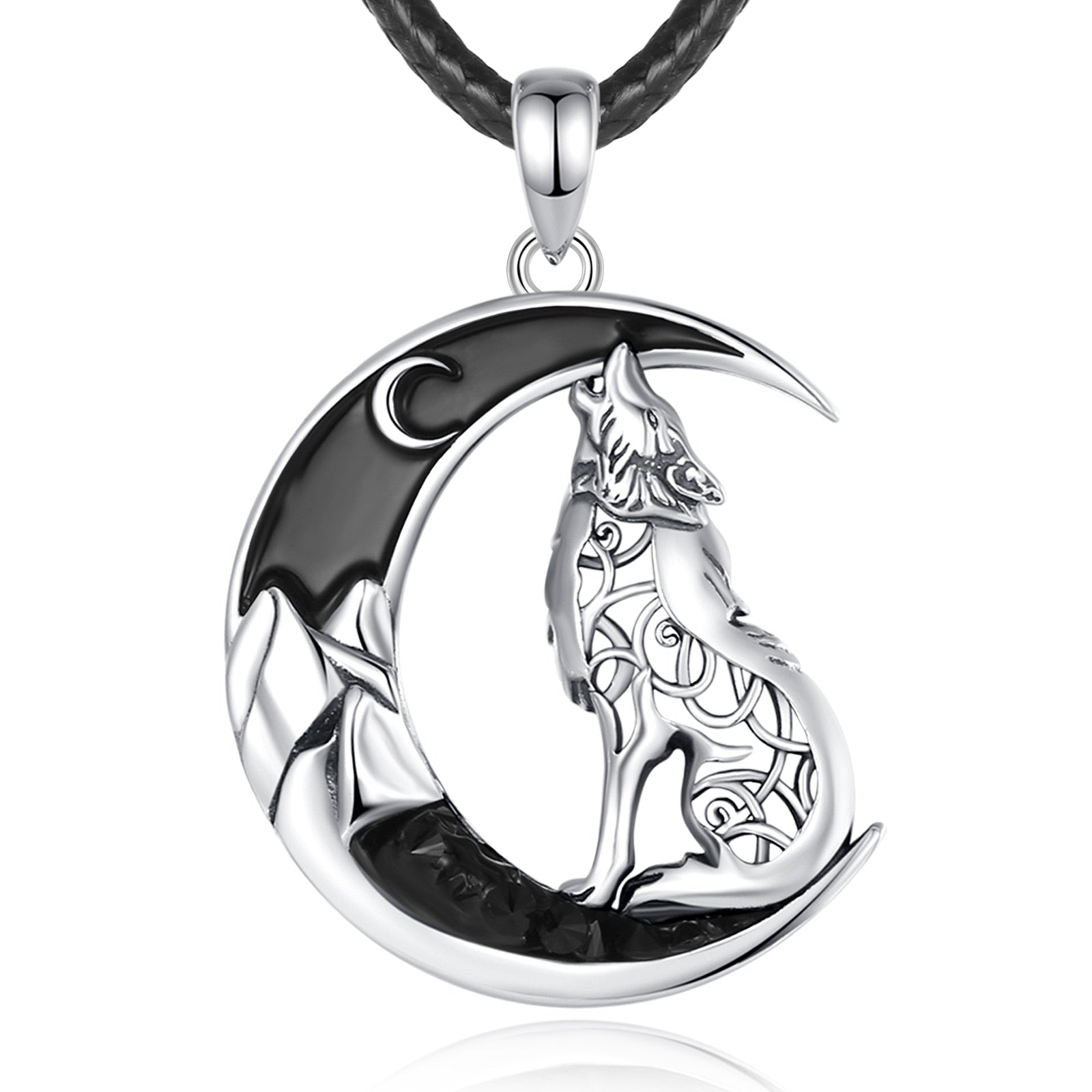 Celtic Wolf Necklace Black Zircon Moon Jewelry-MoonChildWorld