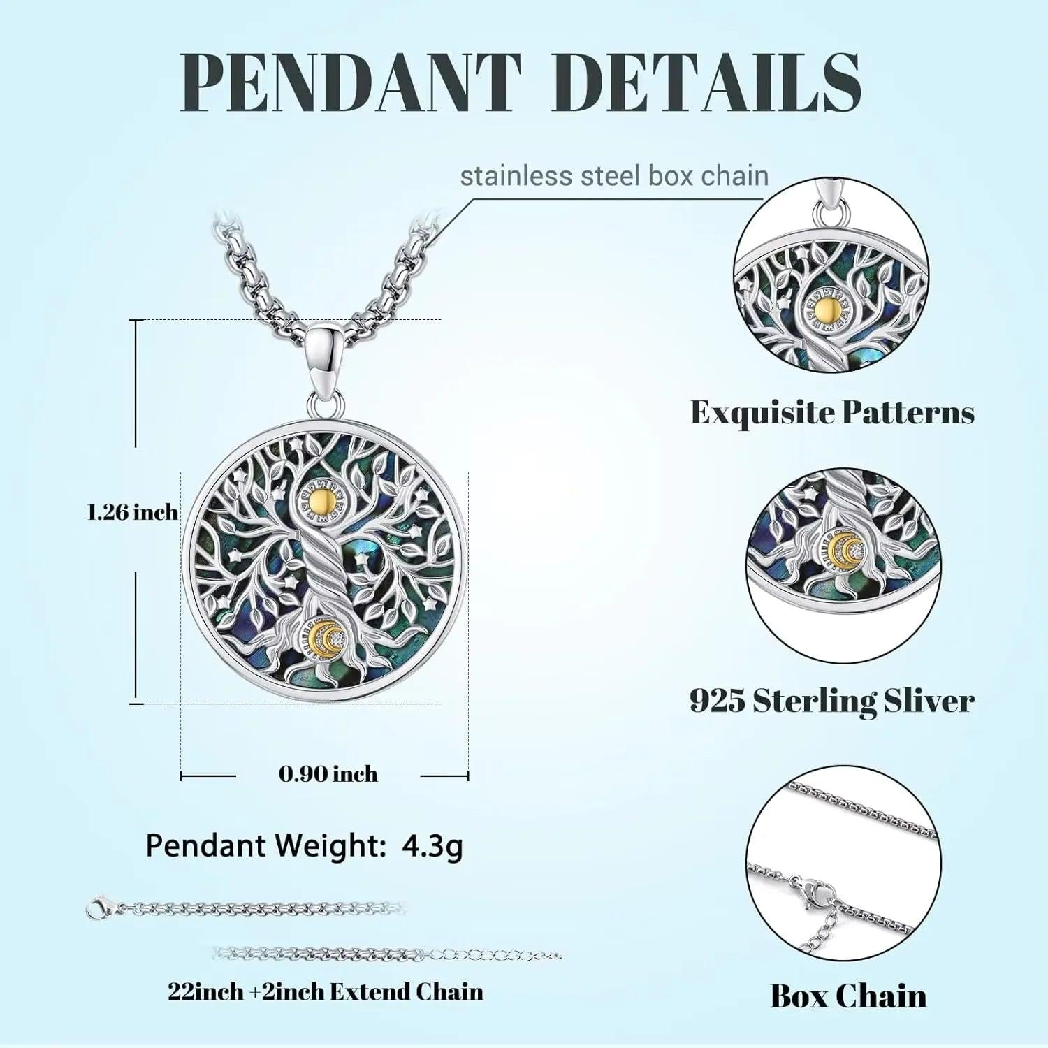 925 Sterling Silver Tree of Life Necklace Pendant Abalone Shell Celtic Knot Family Tree Jewelry for Men Women Father's Day Gift-MoonChildWorld