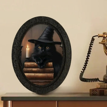 Halloween Black Cat Wooden Oval Frame - Gothic Oval Wall Art for Witchy Home Decor