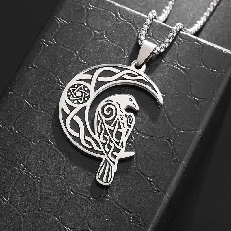 Viking Celtic Knot Moon Crow Necklace Witchy Jewelry-MoonChildWorld