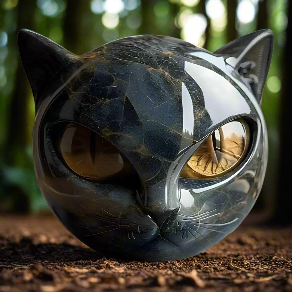 Amber Eyes Marble Black Cat Sculpture Hand-carved Healing Stone Cat Ornament Witchy Home Decor-MoonChildWorld
