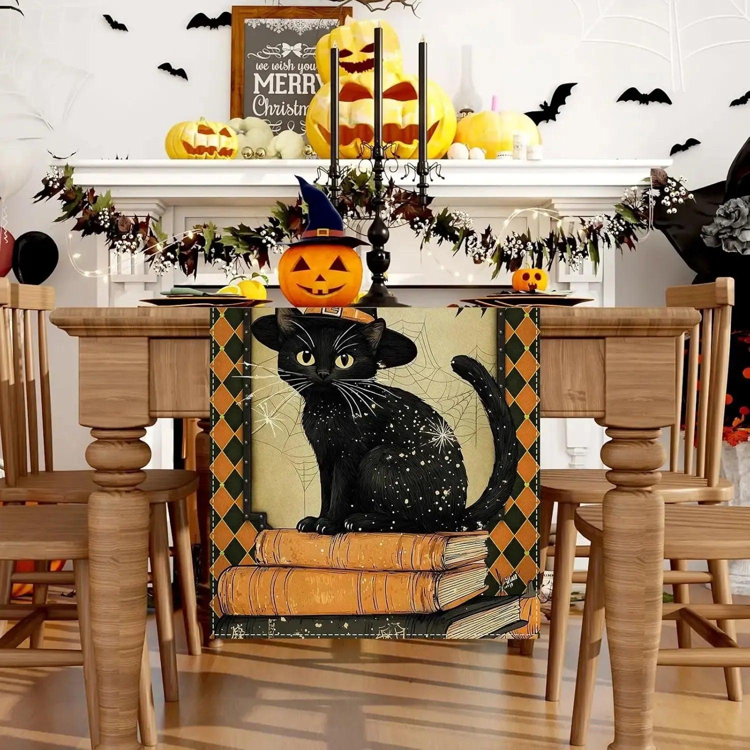Gothic Black Cat Linen Table Runner - Spooky Table Runner Halloween Home Decor-MoonChildWorld