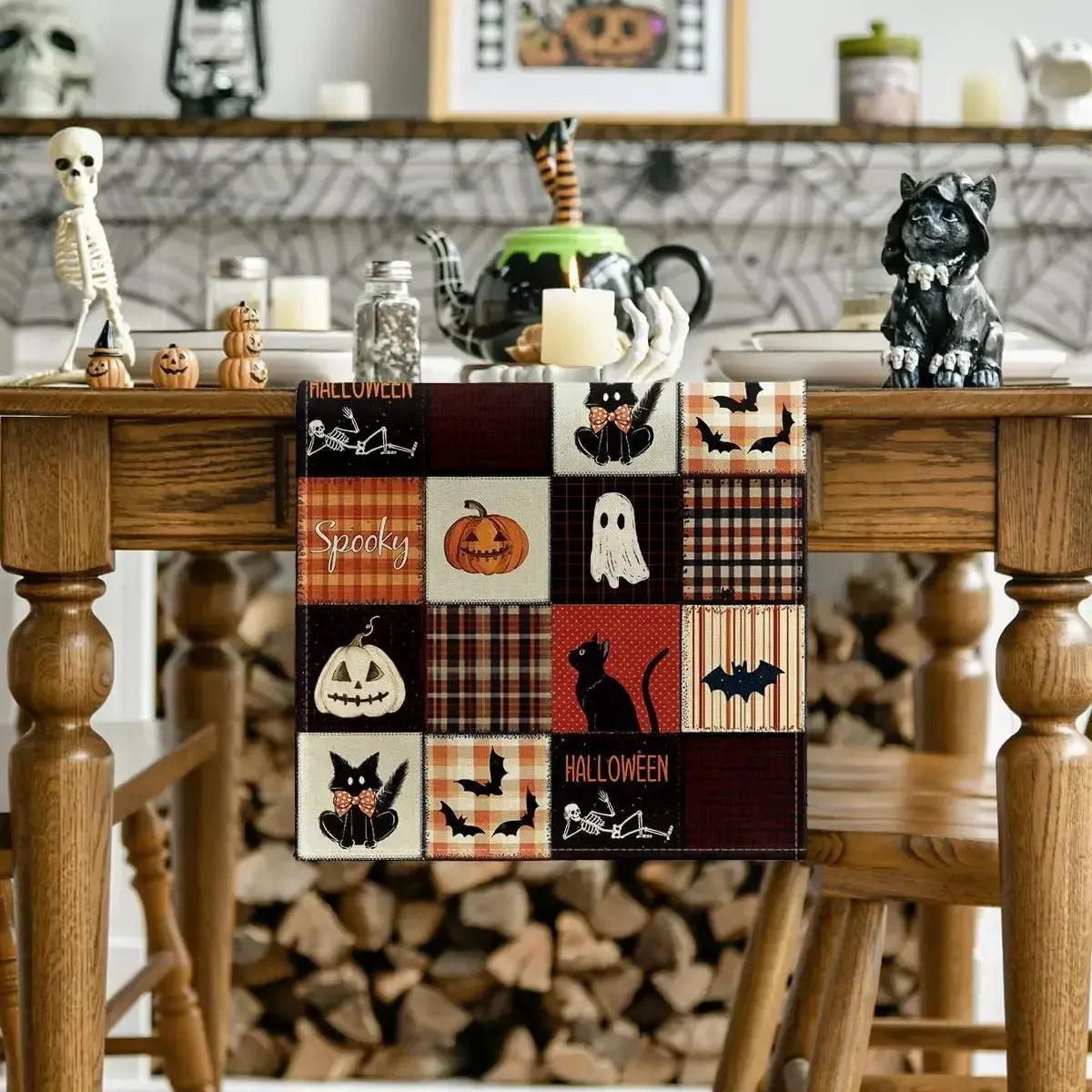 Halloween Black Cats Bat Pumpkins Spooky Linen Table Runner for Gothic Halloween Table Decor-MoonChildWorld