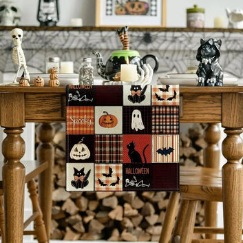 Halloween Black Cats Bat Pumpkins Spooky Linen Table Runner for Gothic Halloween Table Decor