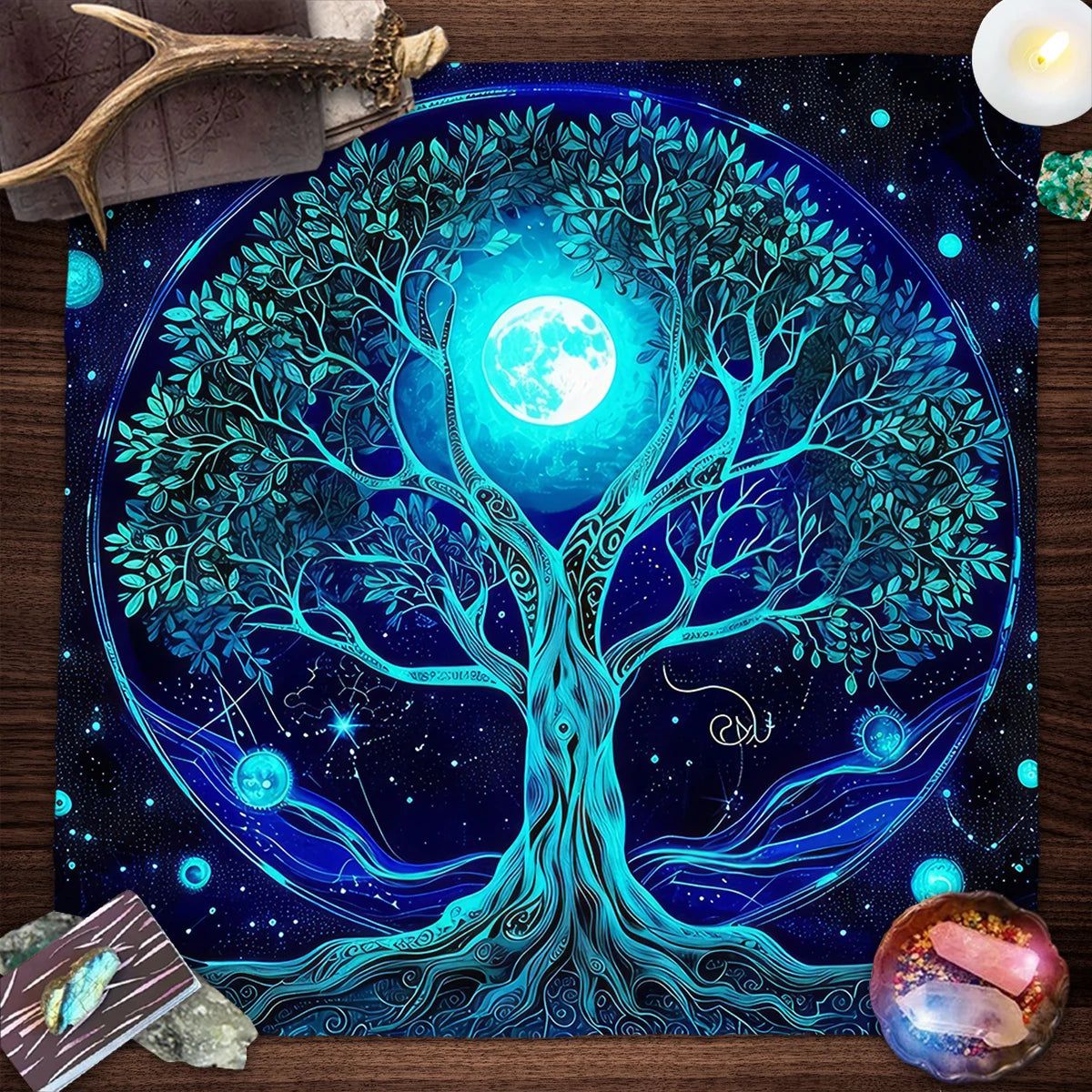 Mystic Blue Moon Tree of Life Tarot Card Tablecloth Wicca Altar Cloths Pagan Tablecloth-MoonChildWorld