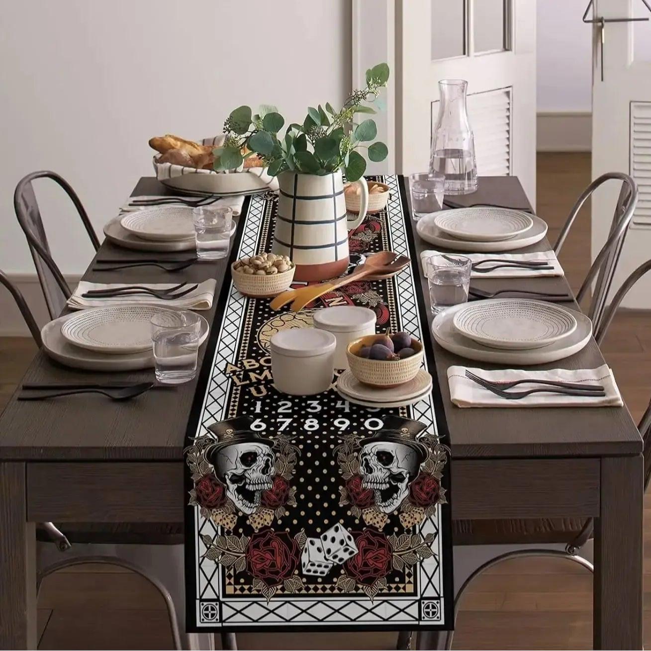 Halloween Witch Ouija Boards Linen Table Runner - Witchy Moth Magic Black Cat Table Runner Gothic Home Decor-MoonChildWorld