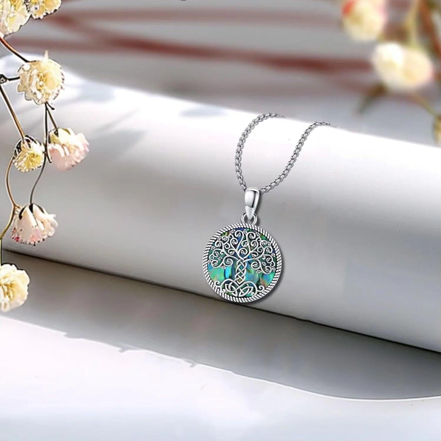 925 Sterling Silver Tree of Life Necklace Pendant Abalone Shell Celtic Knot Family Tree Jewelry for Men Women Father's Day Gift-MoonChildWorld