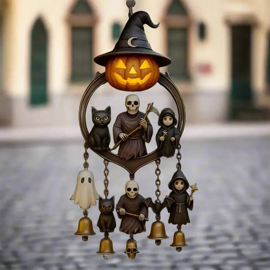 Gothic Halloween Wind Chime Spooky Bell with Pumpkin Lantern Grim Reaper Ghost Black Cat for Home Porch Decoration