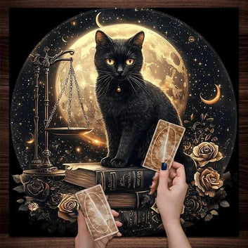 Mysterious Black Cat Tarot Tablecloth Wicca Cat Altar Cloth Witchcraft Cat & Moon Divination Cloth