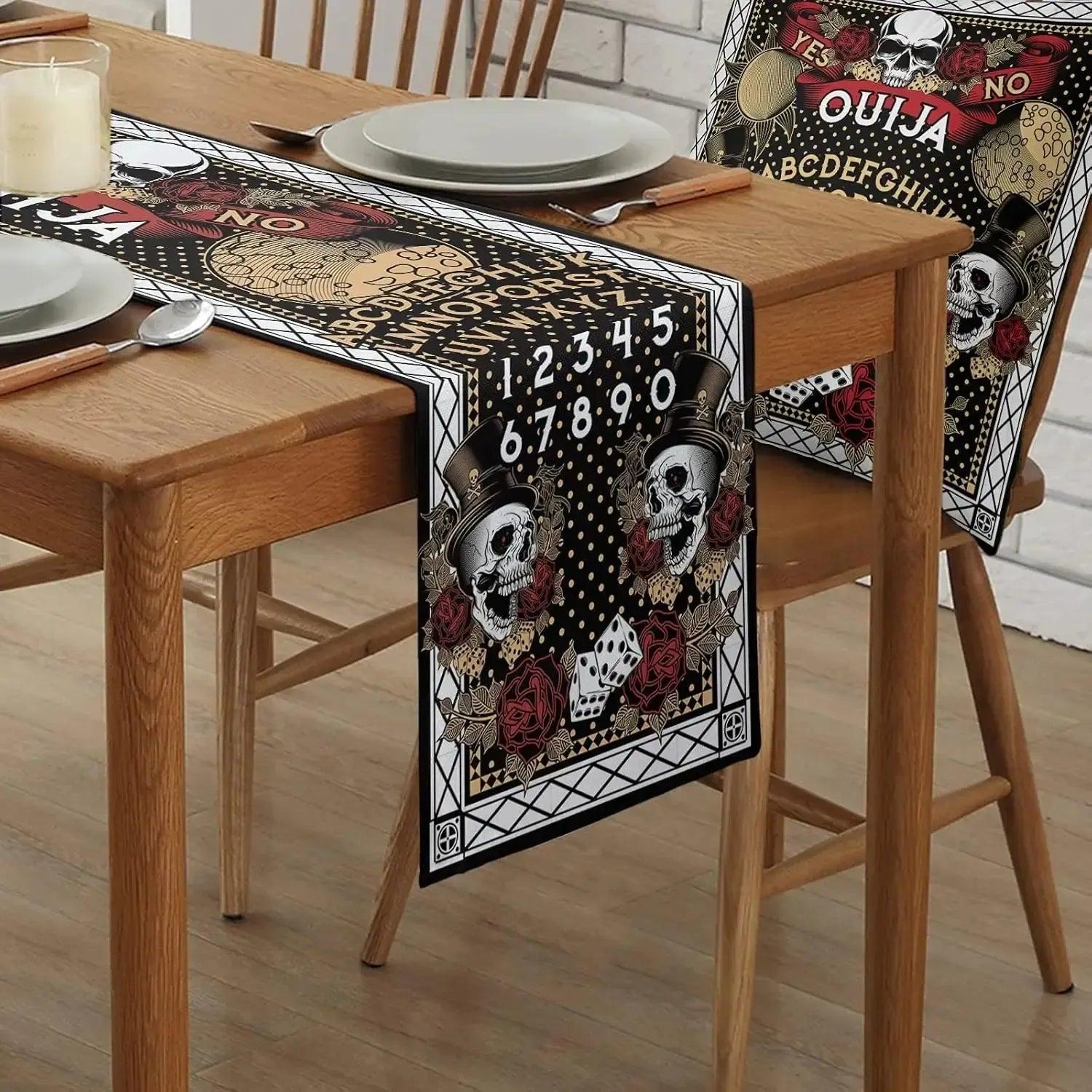 Halloween Witch Ouija Boards Linen Table Runner - Witchy Moth Magic Black Cat Table Runner Gothic Home Decor-MoonChildWorld