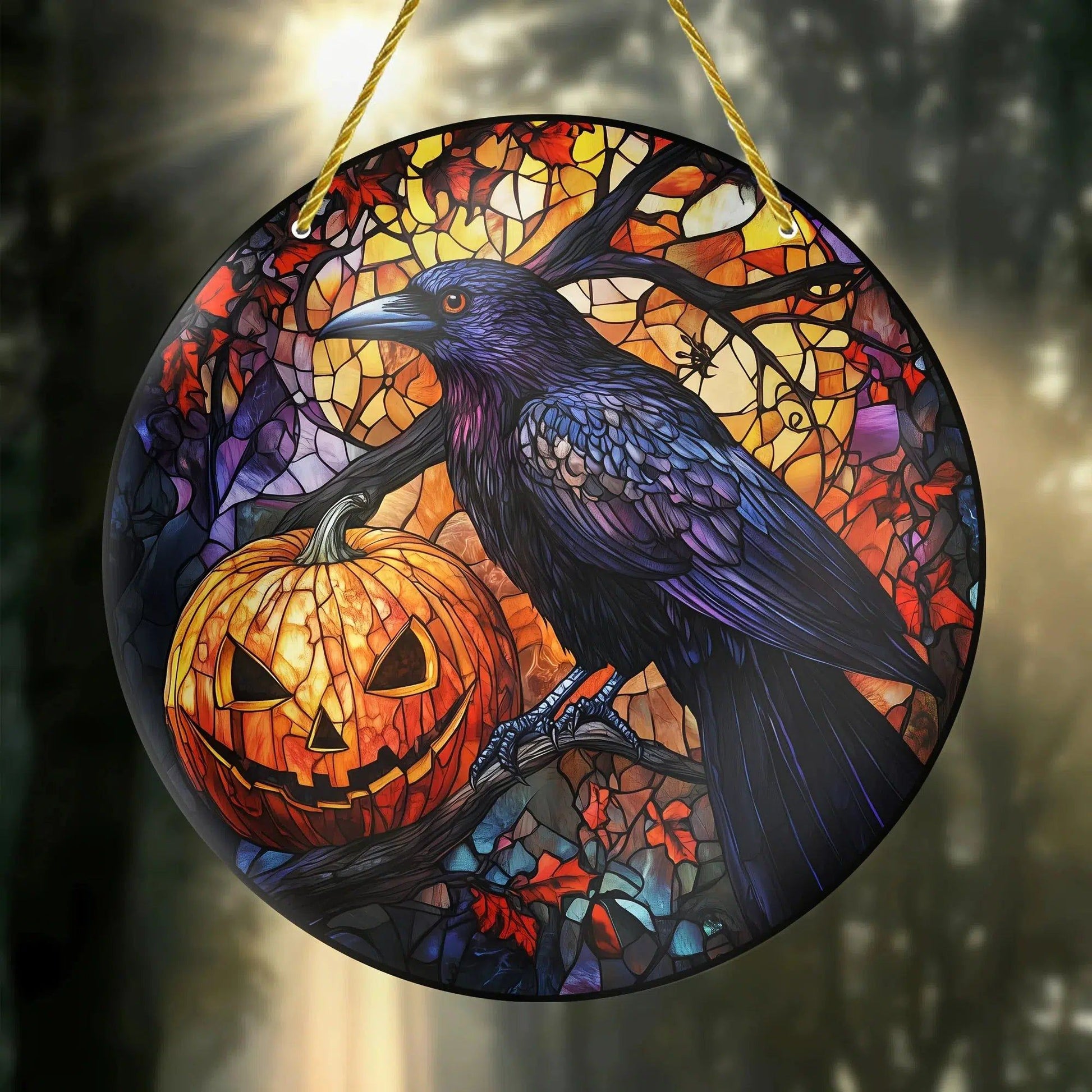 Gothic Crow Window Art Pumpkin Raven Suncatcher Halloween Hanging Ornament-MoonChildWorld