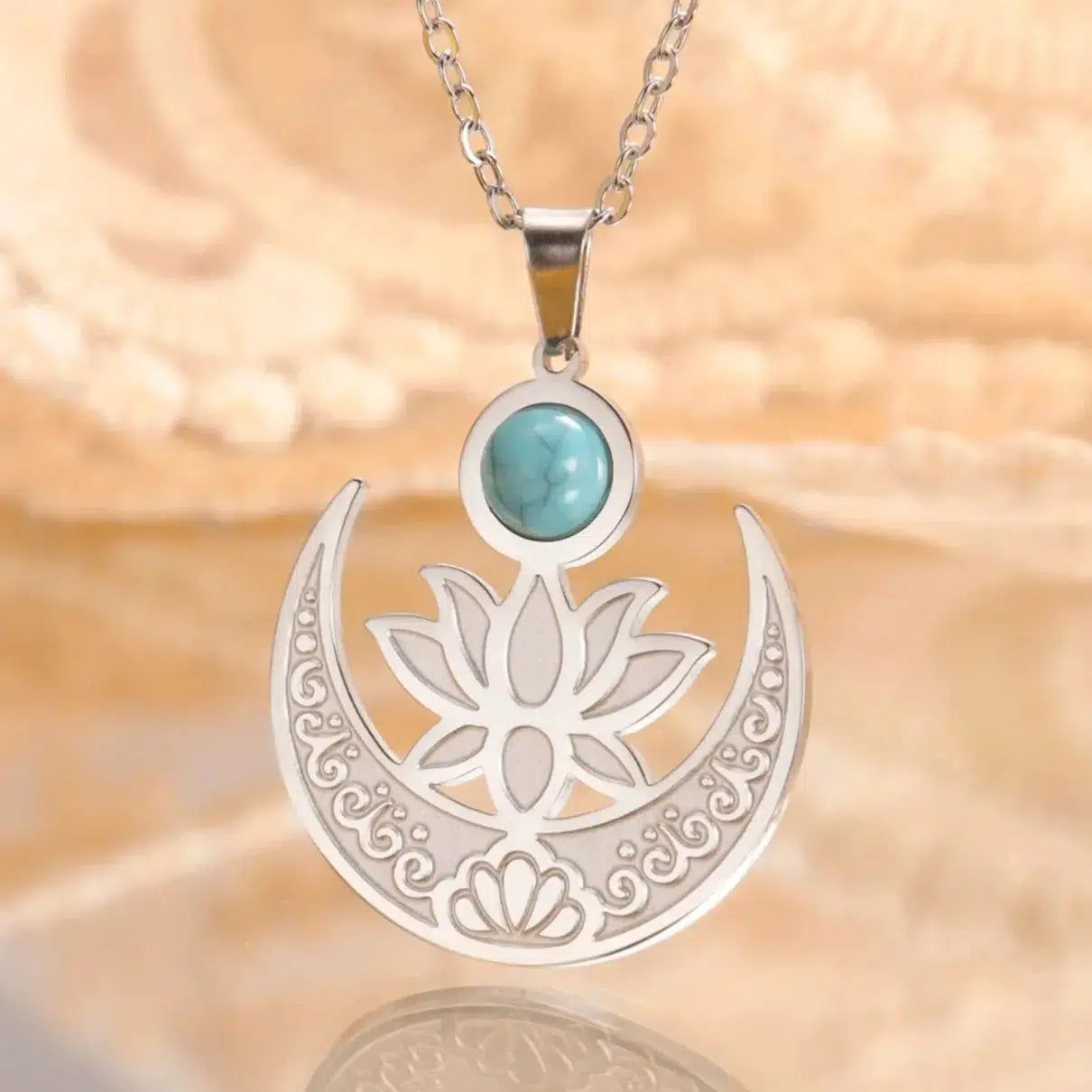 Blue Stone Lotus Moon Necklace Healing Yoga Jewelry-MoonChildWorld