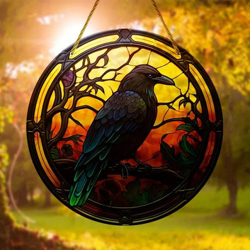 Dark Crow Suncatcher Gothic Raven Acrylic Round Sign