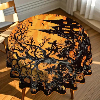 Pumpkin and Gothic Castle Spooky Tablecloth for Witch Halloween Home Decor