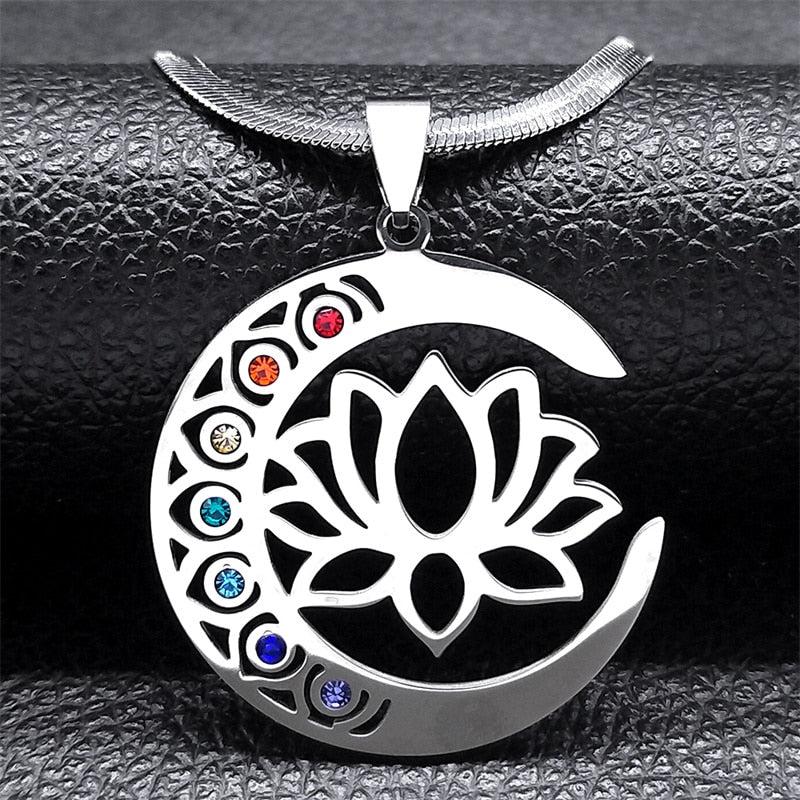 Lotus 7 Chakras Crescent Moon Necklace-MoonChildWorld