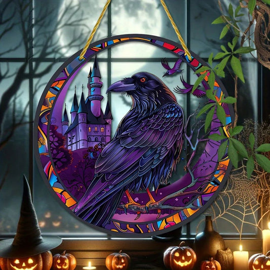 Dark Crow Suncatcher Black Raven Witchy Acrylic Round Sign Halloween Decor