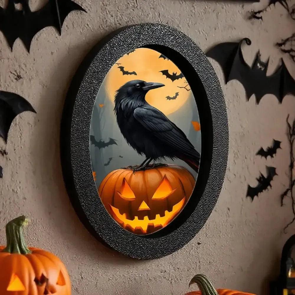 Pumpkin Crow Gothic Wooden Oval Frame - Witchy Raven Oval Wall Art - Halloween Wall Decoration-MoonChildWorld