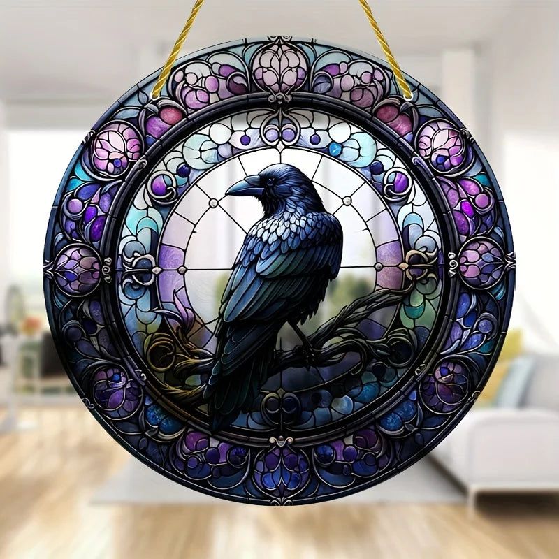 Dark Crow Suncatcher Black Raven Witchy Acrylic Round Sign Halloween Decor-MoonChildWorld