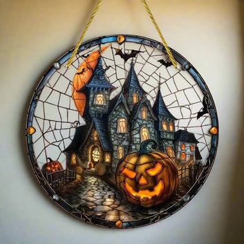 Halloween Haunted House Suncatcher Gothic Acrylic Round Sign Witch Window Hanging Decor