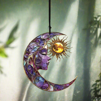 Boho Crescent Moon and Sun Hanging Ornament - Celestial Sun Moon Goddess Acrylic Suncatcher Window Hanging
