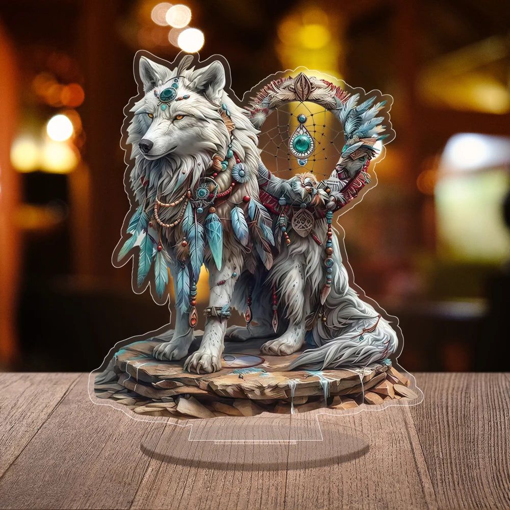 Majestic White Wolf & Dream Catcher Acrylic Desk Decor Wolf Table Ornament-MoonChildWorld