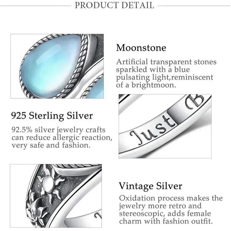 925 Sterling Silver Moonstone Sun Moon Pagan Ring Just Breathe Wicca Healing Jewelry-MoonChildWorld