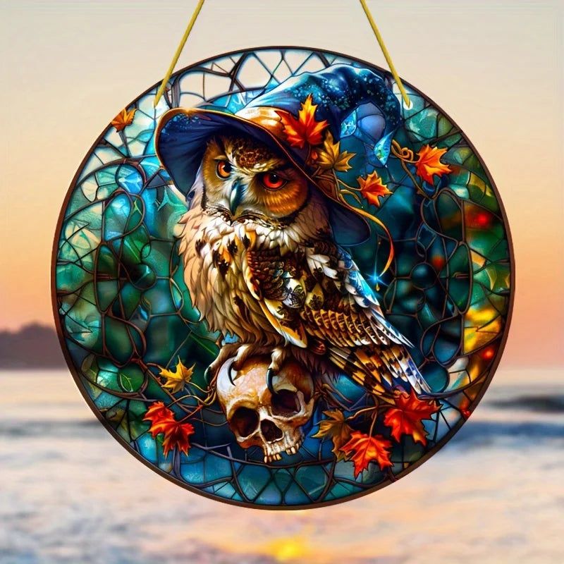 Mystery Owl Suncatcher Gothic Skull Owl Acrylic Sign Halloween Window Decor-MoonChildWorld