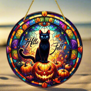 Pumpkin Black Cat Suncatcher Halloween Acrylic Round Sign-MoonChildWorld