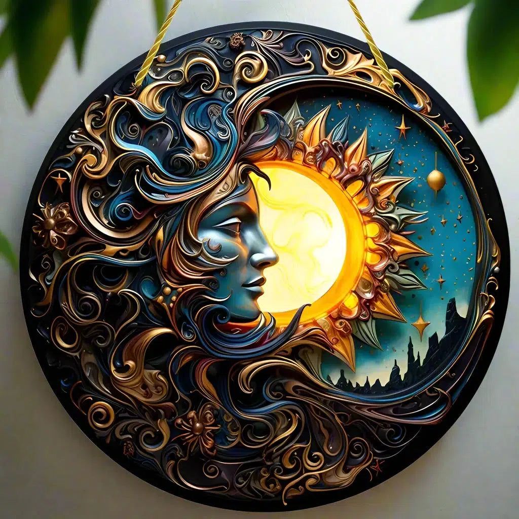 Wicca Sun and Moon Wooden Sign Celestial Goddess Hanging Sign-MoonChildWorld