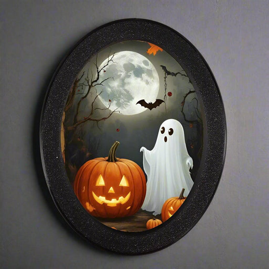 Pumpkin Lanterns Spooky Ghost Wooden Oval Frame - Gothic Oval Wall Art - Witchy Halloween Wall Decoration
