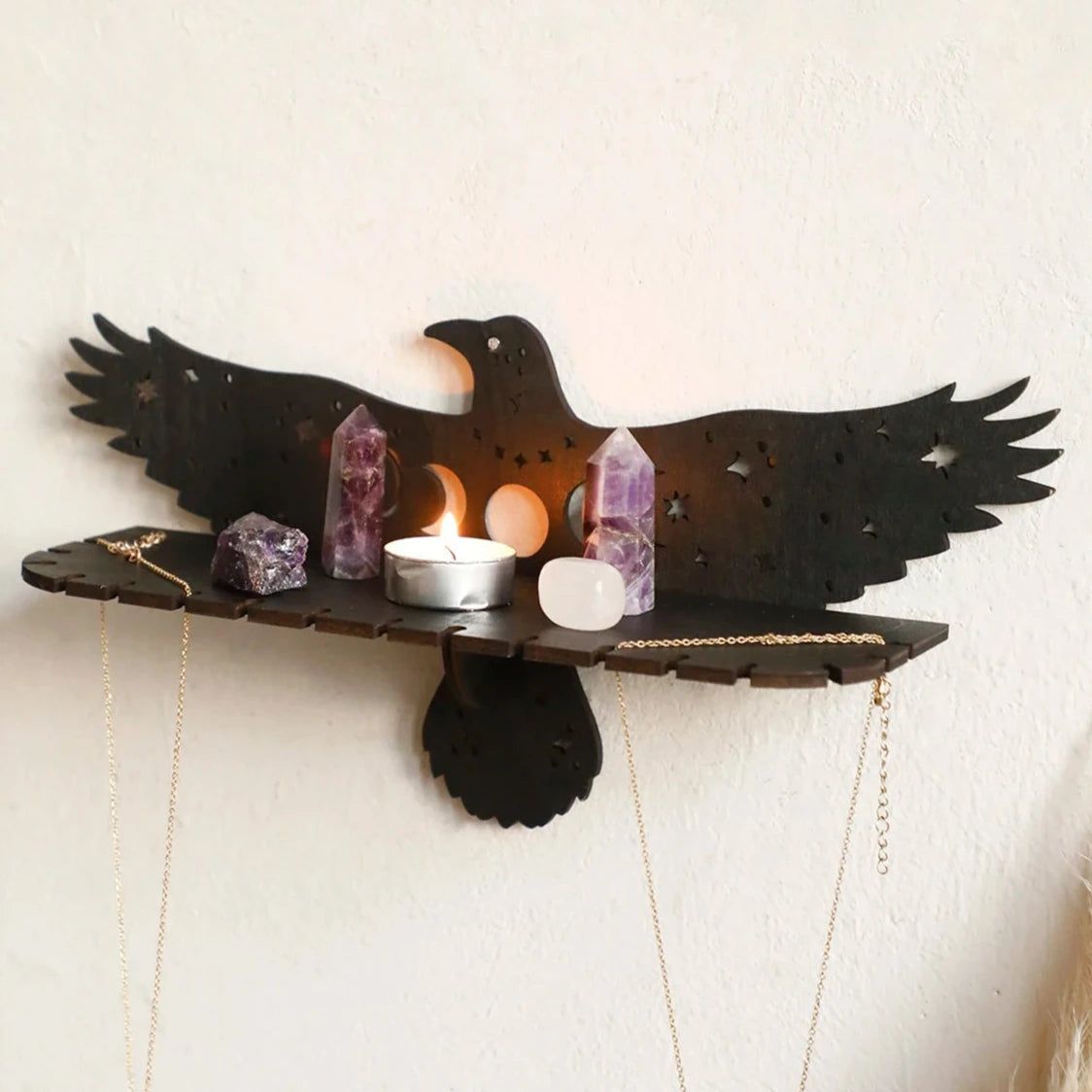 Black Raven Wooden Wall Shelf Gothic Crow Crystal Display Shelf Witchy Room Decoration-MoonChildWorld