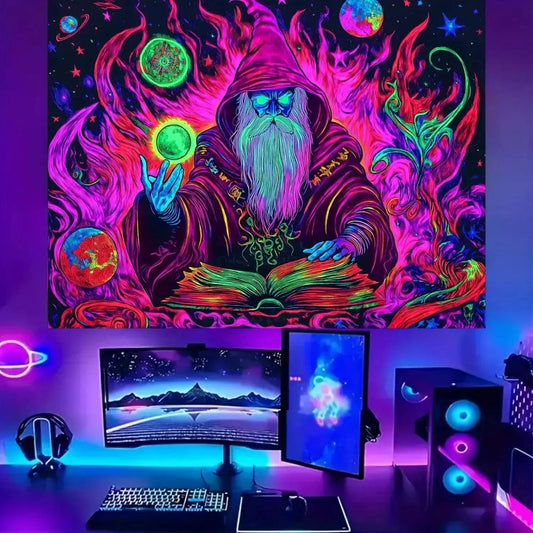 Dark Night Magic Halloween Witch Fluorescent Tapestry Blacklight Tapestry Wizard Tapestry UV Reactive Neon Tapestry