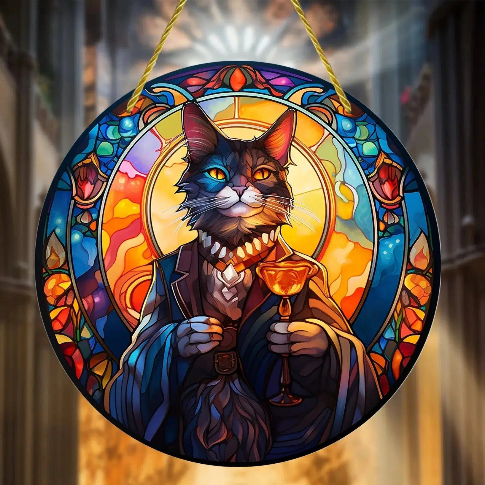 Witchy Cat Suncatcher Halloween Acrylic Round Sign-MoonChildWorld