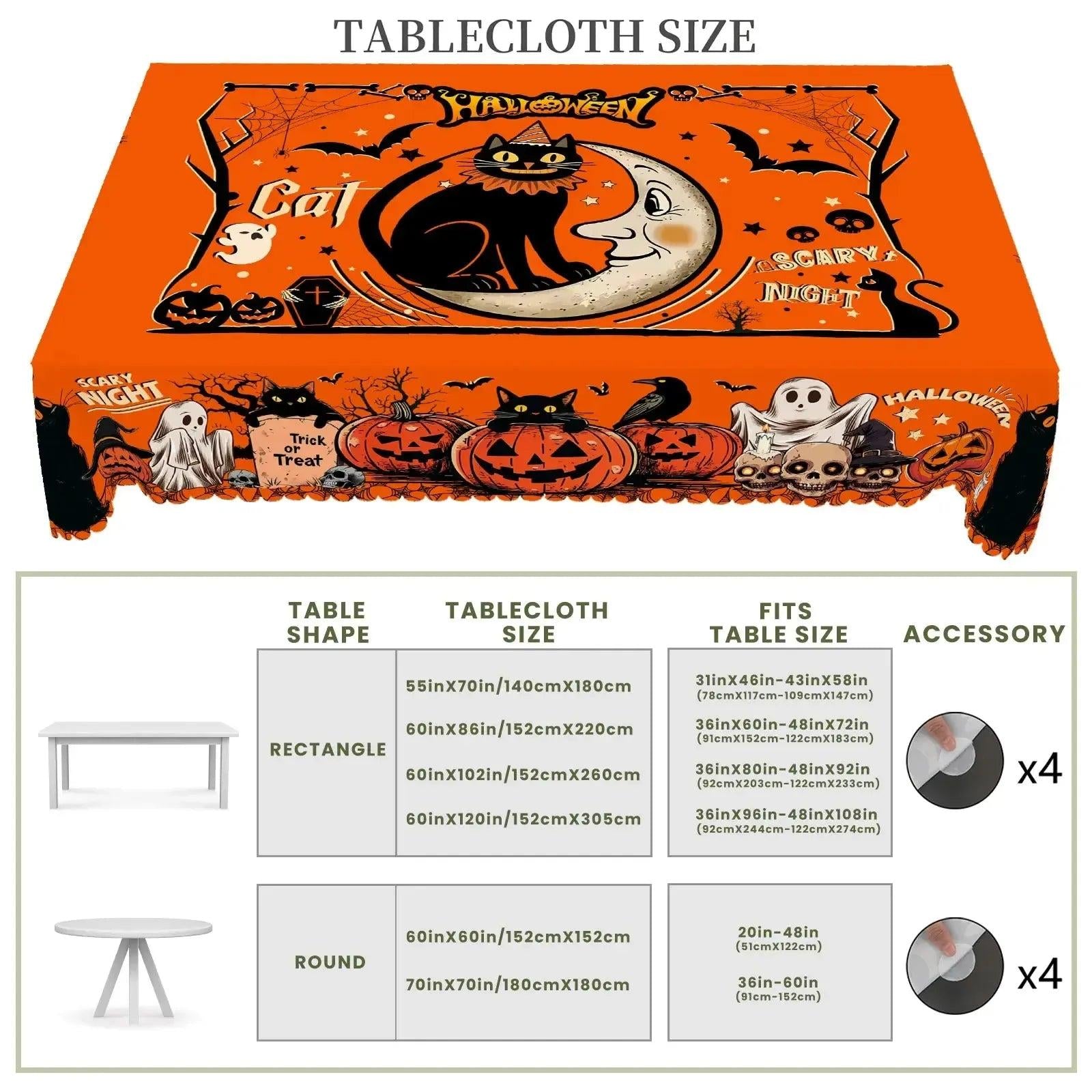 Spooky Pumpkin Moon Black Cat Halloween Tablecloth - Witchy Table Decoration Gothic Tablecloth-MoonChildWorld