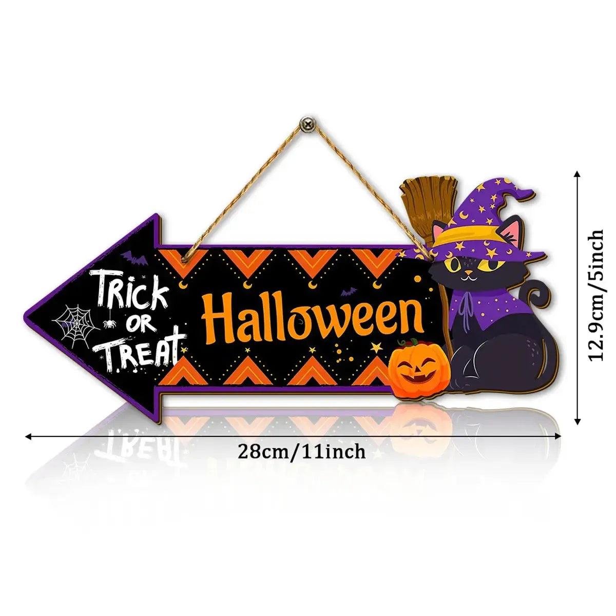 Halloween Decorative Arrow Wooden Sign with Witch Cat, Pumpkin - Witch Welcome Sign Spooky Home Decor-MoonChildWorld