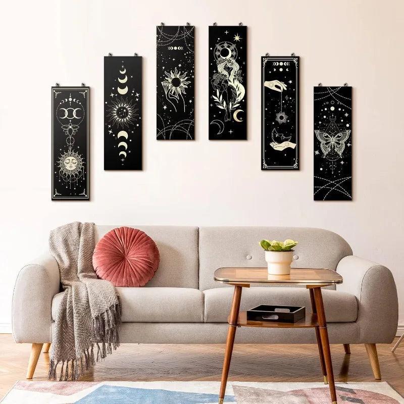 Boho Celestial Wall Decor Set 6Pcs - Wicca Sun Moon Phases Wooden Hanging Signs for Witch Home Decor-MoonChildWorld