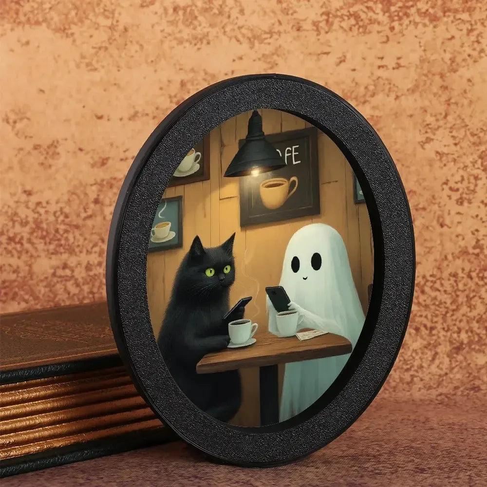 Ghost and Black Cat Spooky Wooden Oval Frame - Gothic Oval Wall Art - Halloween Wall Decoration-MoonChildWorld