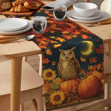 Fall Moon Owl Pumpkins Maple Linen Table Runner Thanksgiving Decorations