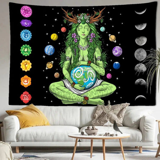 Mother Earth Goddess Tapestry 7 Chakra Moon phases Pagan Tapestry