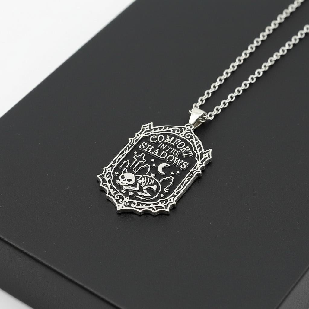 Skull Cat Tombstone Gothic Necklace Witch Jewelry "Comfort in the shadows"-MoonChildWorld