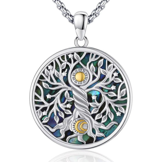 925 Sterling Silver Tree of Life Necklace Abalone Shell Sun Moon Necklace Celtic Knot Pagan Jewelry