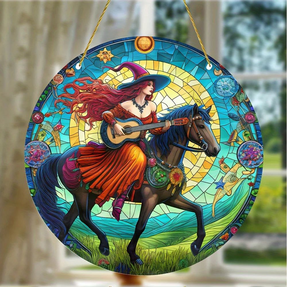 Guitar Witch Suncatcher Enchanting Acrylic Round Sign Witchy Home Decor-MoonChildWorld