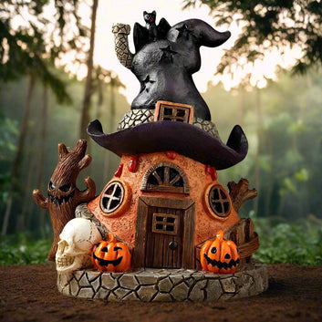 Witch House Statue with LED Light- Magical House Resin Figurine Desktop-Halloween House Sculpture Home Decoration