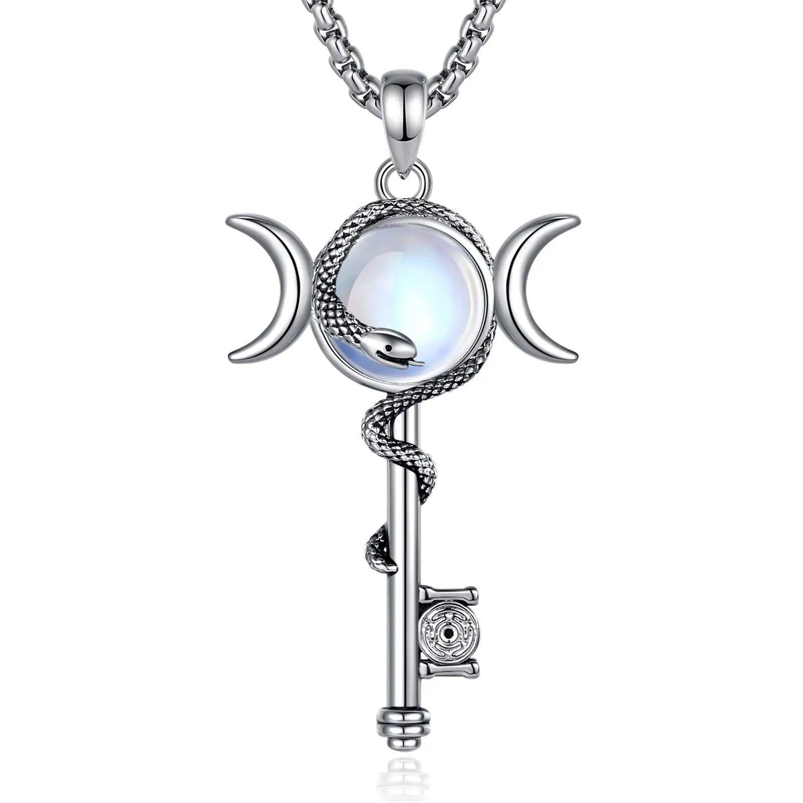 Hecate Triple Moon Goddess Necklace Moonstone Snake Key Wicca Pagan Jewelry-MoonChildWorld