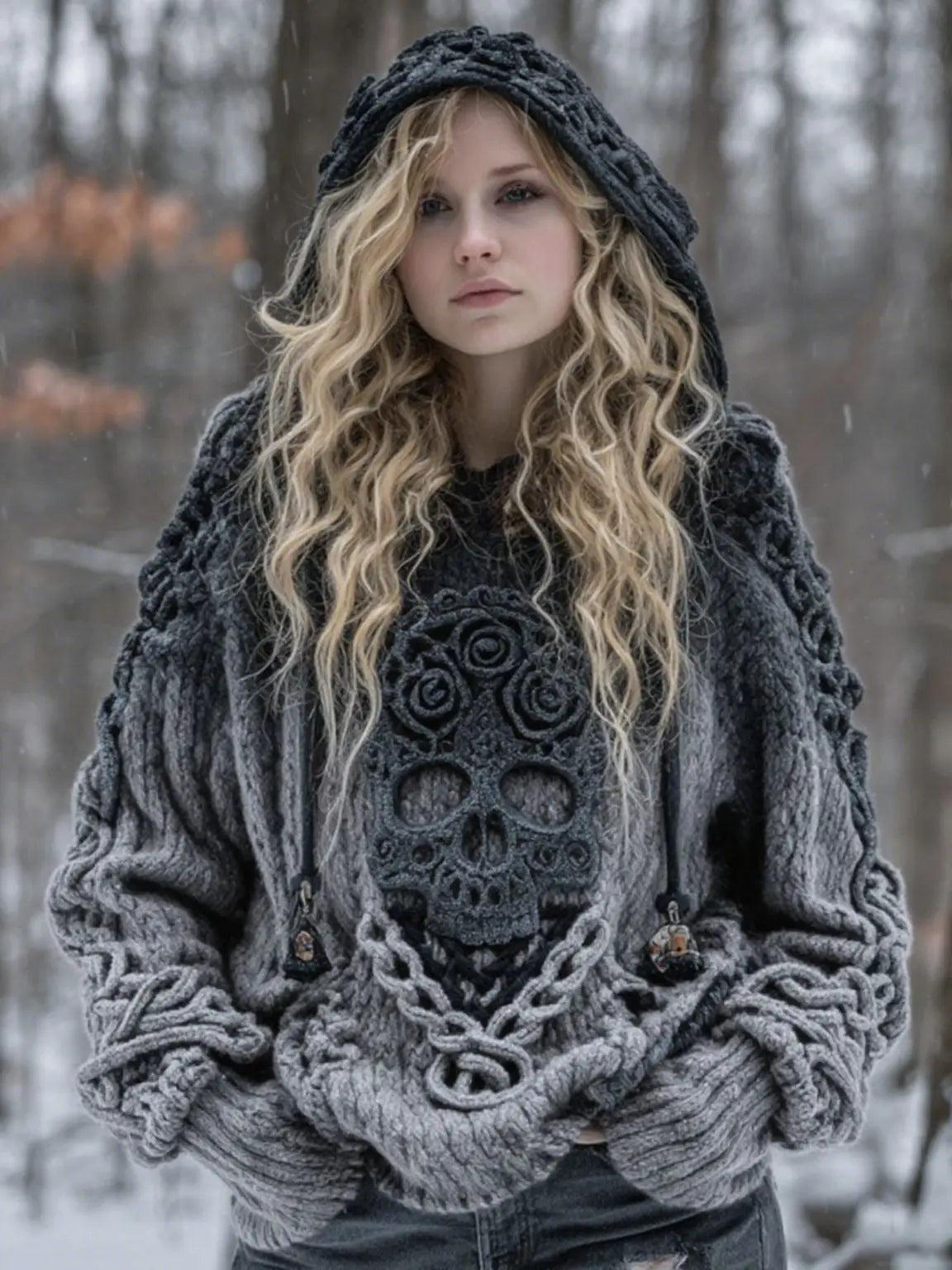 Gothic Halloween Oversized Sweaters Horror Skull Sweater O Neck Hooded Pullover-MoonChildWorld