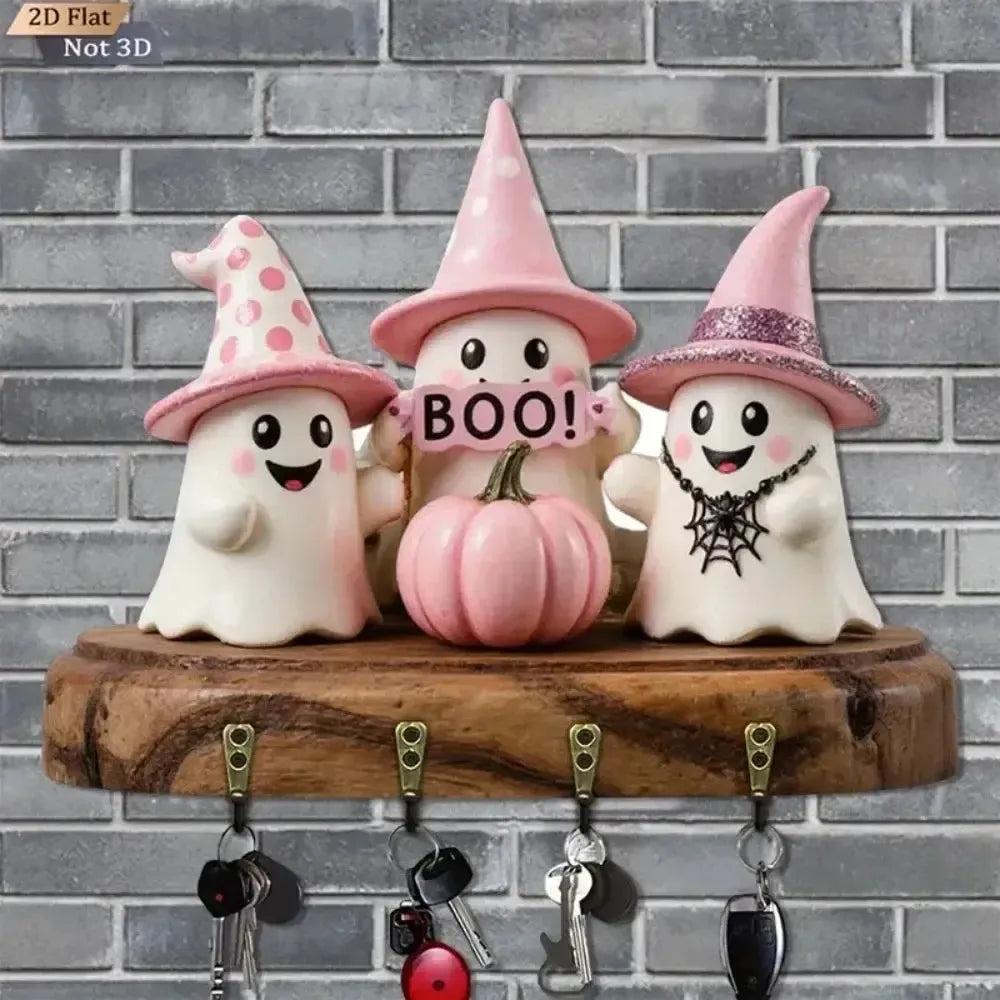 2D Halloween Ghost Pumpkin Wooden Key Holder with Four Hooks Witch Home Decoration-MoonChildWorld