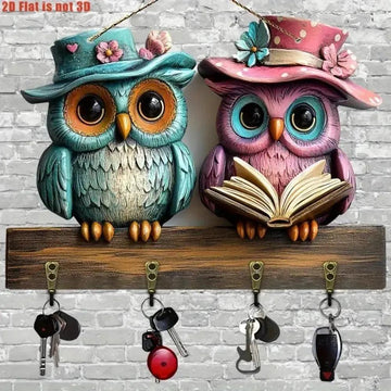 2D Cute Owl Wooden Multifunctional Key Holder with Four Metal Hooks-MoonChildWorld