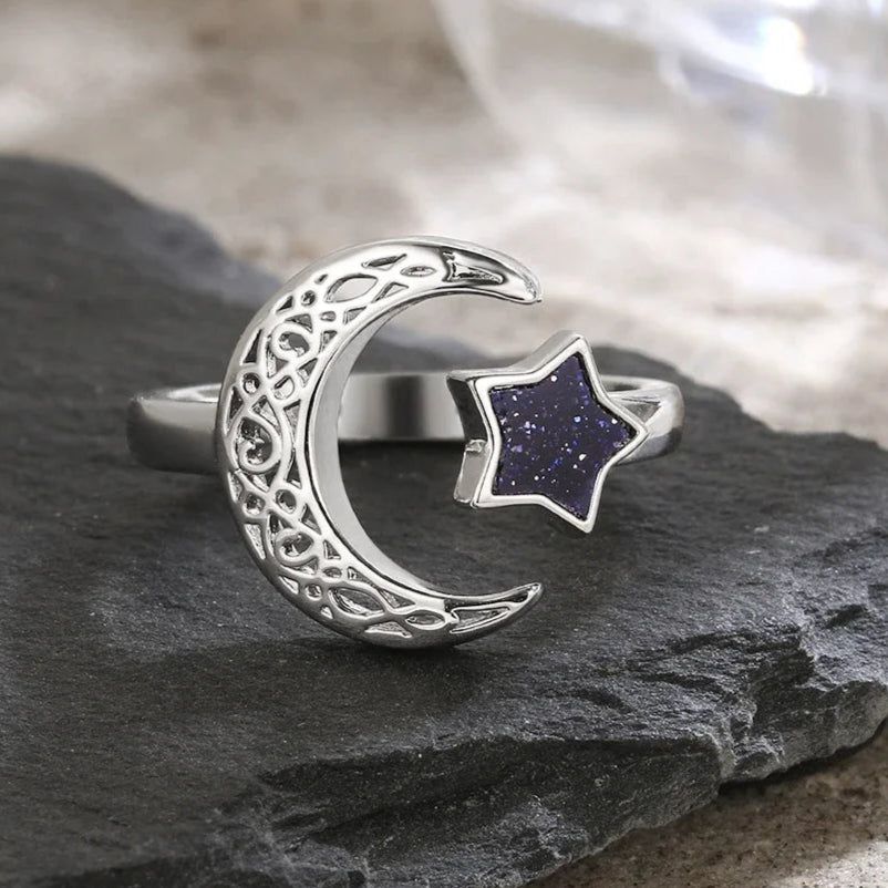 Celestial Blue Sand Stone Sparkling Moon Star Ring Celtic Moon Wiccan Ring-MoonChildWorld