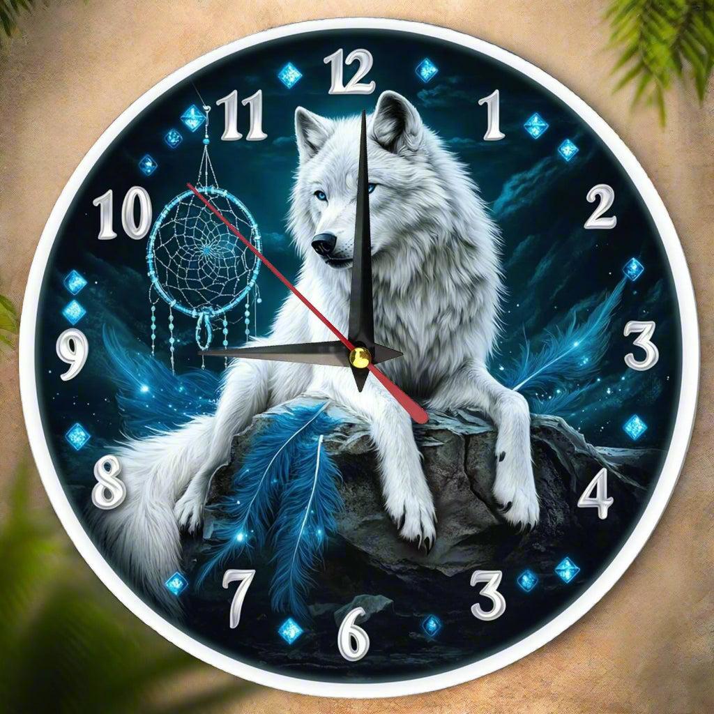 Boho White wolf and dreamcatcher Wooden Wall Clock for Wolf Home Decor-MoonChildWorld