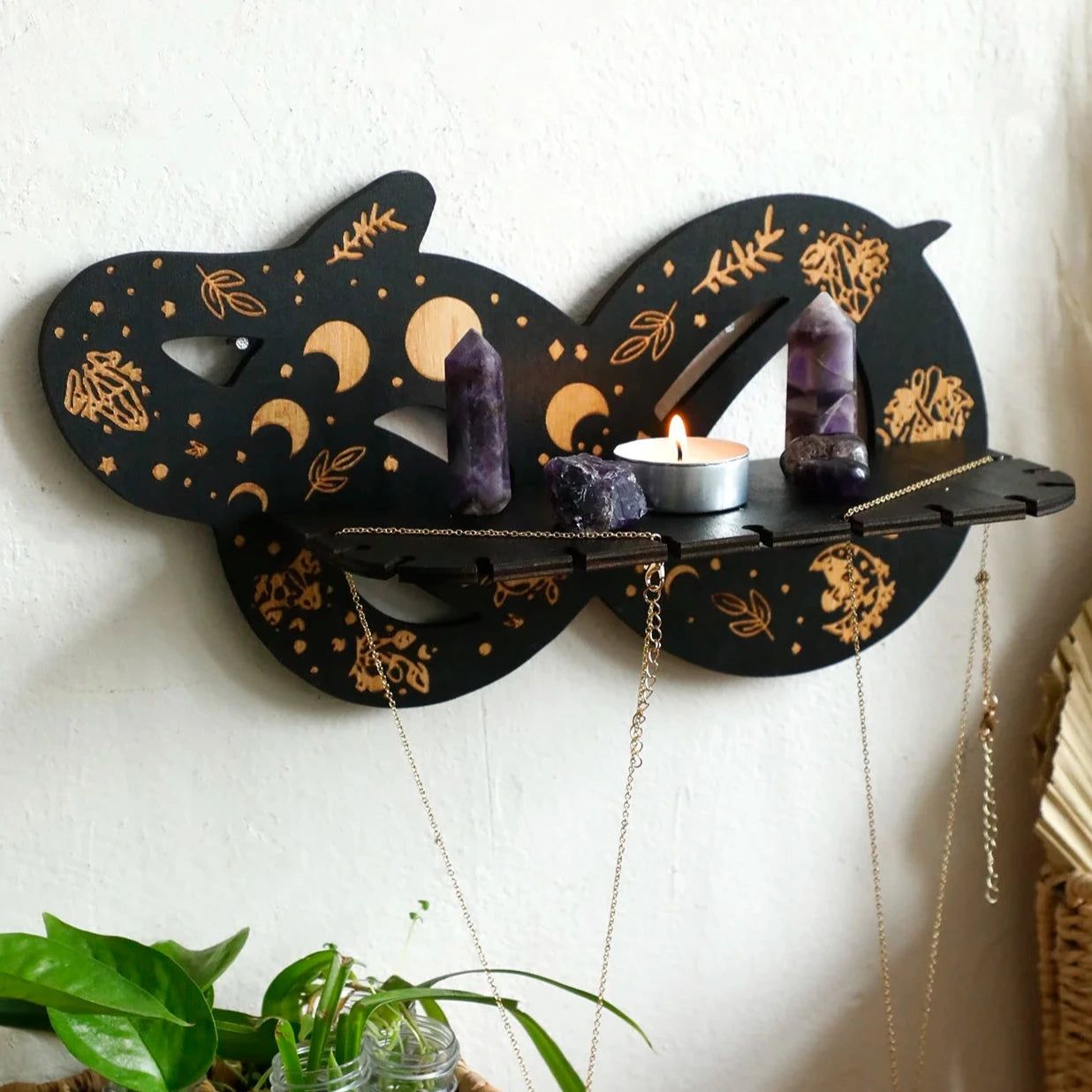 Boho Snake Moon Phases Wooden Crystal Shelf Witchy Crystal Display Shelf - Spiritual Altar Holder for Crystals, Candles, Jewelry-MoonChildWorld